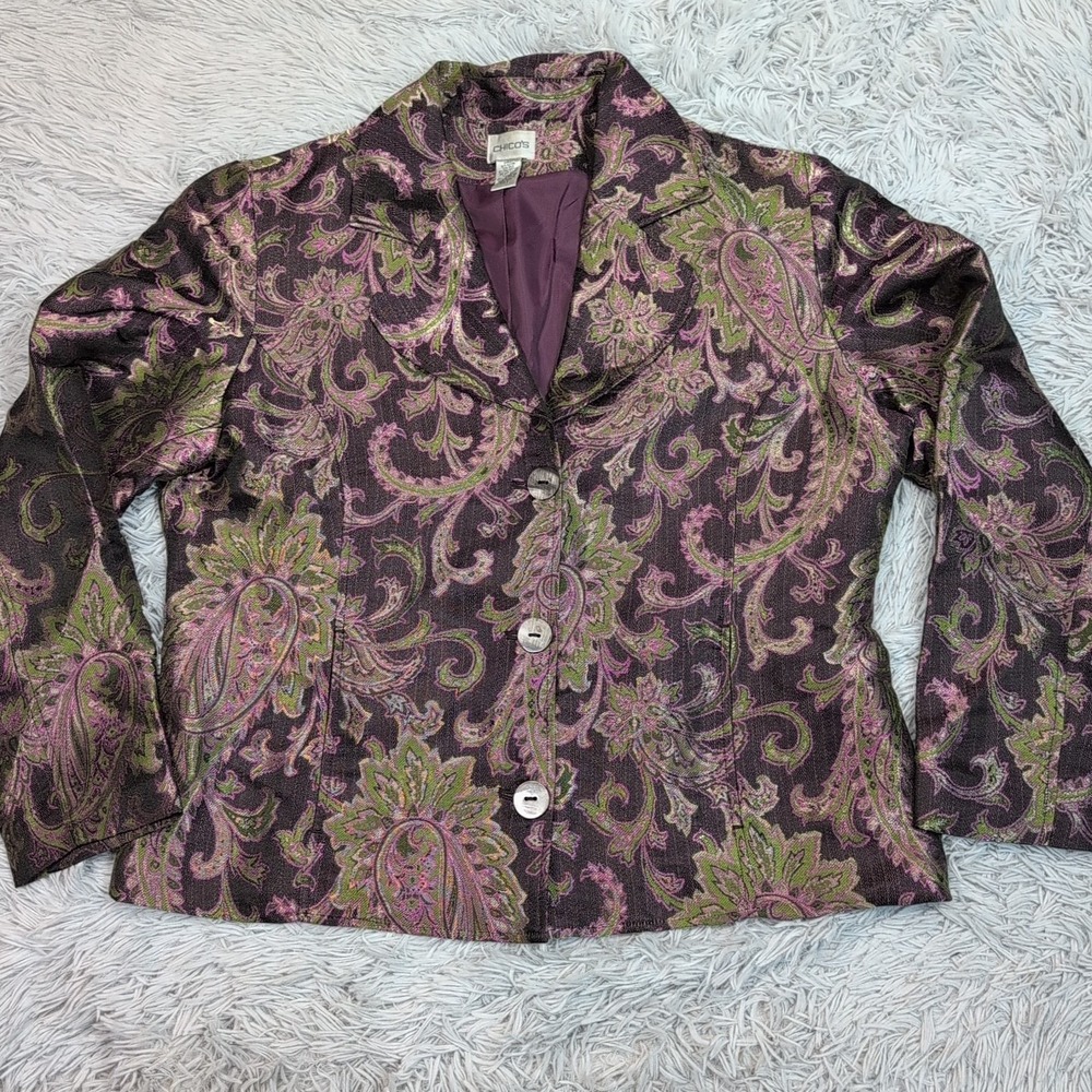 Chico's Jacket Womens 2 Blazer Paisley Silk Blend‎ Faux Pockets Button Up Preppy